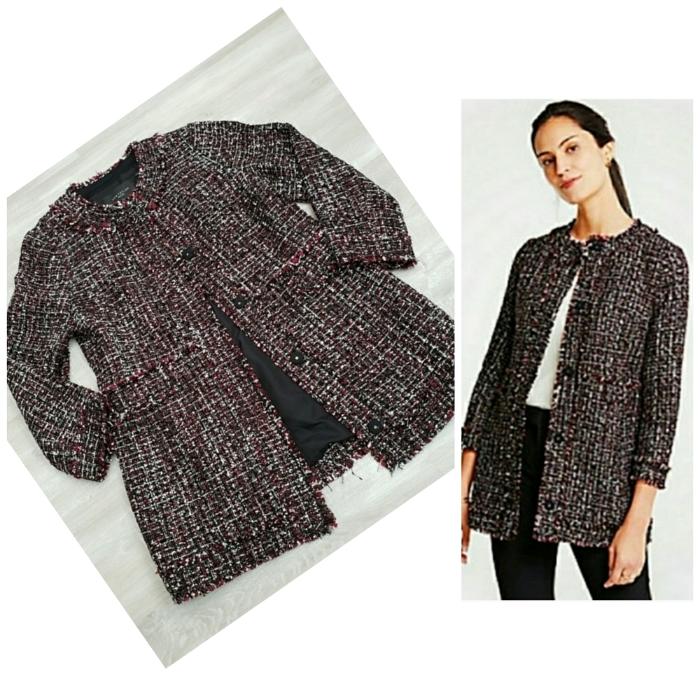 Ann Taylor Black & Burgundy Tweed Fringe Collar Jacket